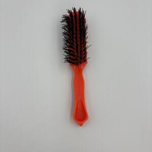 Vintage Orange Plastic Hair Brush Black Bristles Faceted Handle